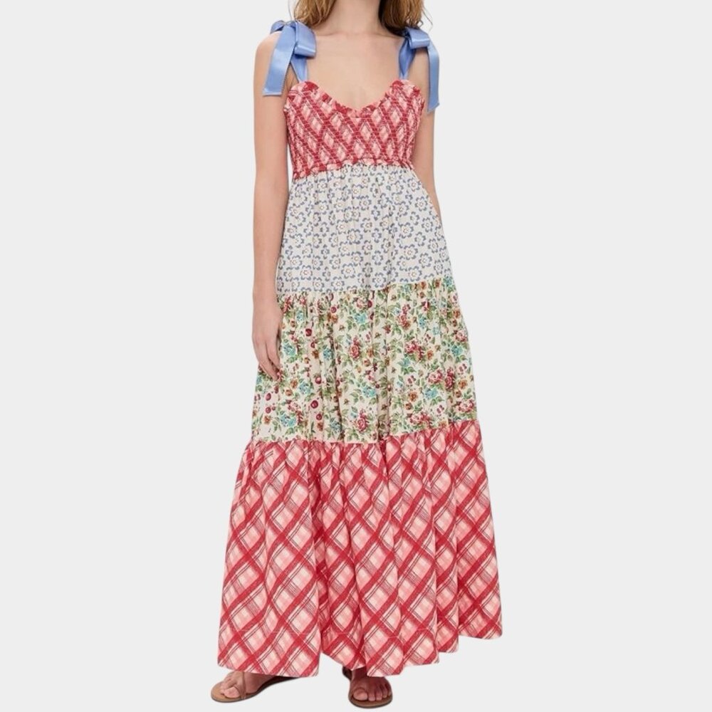 Women Bohemian Bluebell Maxi Dress Size L V-Neck Gathered Bodice Bows Shoulders - Picture 7 of 16